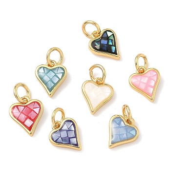 Brass Enamel Pendants, Heart Charms, with Natural Shell, Long-Lasting Plated, Rack Plating, with Jump Ring, Real 18K Gold Plated, Mixed Color, 9.5x8x2.5mm