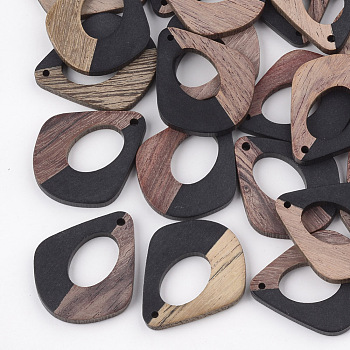 Resin & Walnut Wood Pendants, Two Tone, teardrop, Black, 32.5x27.5x2.5~4mm, Hole: 1.5mm