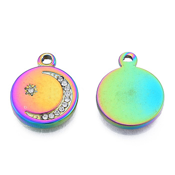 304 Stainless Steel Pendants, with Crystal Rhinestone, Flat Round with Moon & Star, Rainbow Color, 19x15.5x2.5mm, Hole: 1.6mm