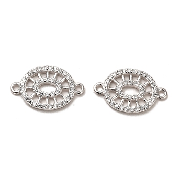 925 Sterling Silver Connector Charms, with Clear Cubic Zirconia, Oval, Real Platinum Plated, 12x19x1.8mm, Hole: 1.4mm