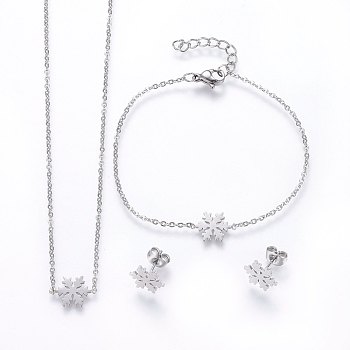 304 Stainless Steel Jewelry Sets, Pendant Necklaces & Stud Earrings & Bracelets, Snowflake, Stainless Steel Color, 16.54 inch(42cm), 7-1/8 inch(18cm), 10.5x9x1mm, Pin: 0.8mm