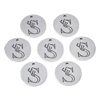 304 Stainless Steel Charms, Laser Cut, Designed Letter Engraved, Flat Round, Stainless Steel Color, Letter.S, 14x1mm, Hole: 1.2mm