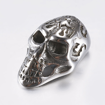 316 Surgical Stainless Steel Cord End Caps, Skull, Antique Silver, 23x15x10mm, Half Hole: 6mm