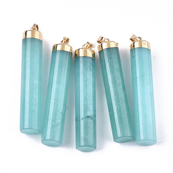 Natural White Jade Big Pendants, with Brass Findings, Dyed, Column, Golden, Turquoise, 66~68x13mm, Hole: 7x3.5mm