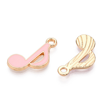 Alloy Pendants, with Enamel, Musical Note, Light Gold, Pink, 20x12x2mm, Hole: 1.8mm