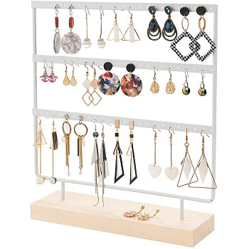 Triple Levels Rectangle Iron Earring Display Stand, Jewelry Display Rack, with Wood Findings Foundation, White, 29x6.9x28.5cm