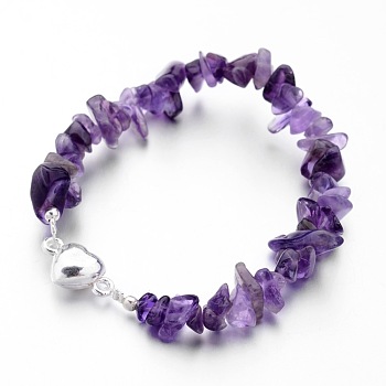 Natural Amethyst Bead Bracelets, Brass Magnetic Clasp, Silver Color Plated, 7-1/2 inch(190mm)