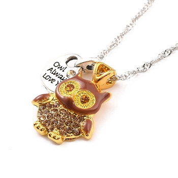 Two Tone Owl and Heart Pendant Necklace, Owl Always Love You Word Topaz Rhinestone Jewelry for Women, Platinum & Golden, 19.49 inch(49.5cm)