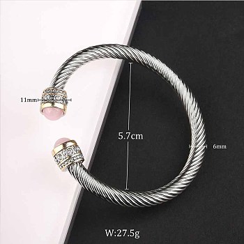 Adjustable C-shaped Stainless Steel Twist Open Cuff Bracelets with Natural Rose Quartz, Stainless Steel Color