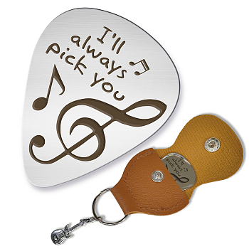 201 Stainless Steel Guitar Picks, with Sandy Brown PU Leather Guitar Picks Holder, Plectrum Guitar Accessories, Musical Note, Picks: 35x28mm, Holder: 110x52mm