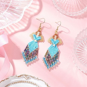 Angel Handmade Glass Seed Beads Dangle Earrings, with Glass Imitation Austrian Crystal Beads & 304 Stainless Steel Earring Hooks, Golden, Deep Sky Blue, 82x24mm