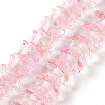 Transparent Glass Beads Strands, with Glitter Powder, Flower, Pink, 11~12x7.5~8mm, Hole: 1.4mm, about 50pcs/strand, 11.42''(29cm)