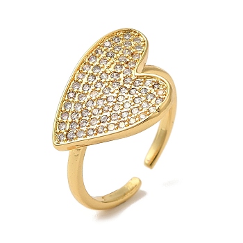 Brass Micro Pave Cubic Zirconia Open Cuff Rings for Women, Long-Lasting Plated, Cadmium Free & Lead Free, Real 18K Gold Plated, Heart, 19.5x15mm