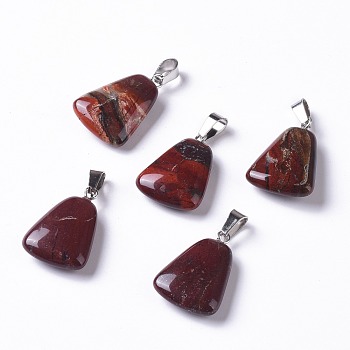 Trapezoid Natural Brecciated Jasper Pendants, with Stainless Steel Bails, Stainless Steel Color, 25x17x6mm, Hole: 8x4mm