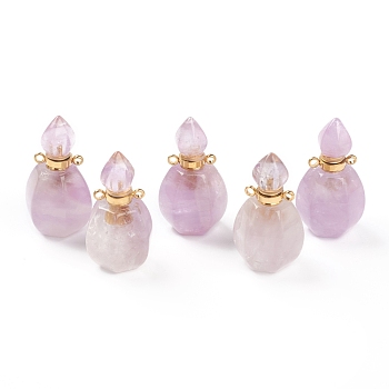 Faceted Natural Amethyst Pendants, Openable Perfume Bottle, with Golden Tone Brass Findings, 32~33x17~18x16mm, Hole: 2mm, capacity: 1ml(0.03 fl. oz)