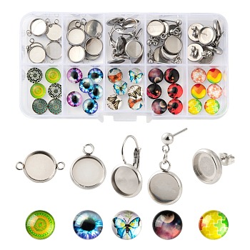 1 Box 60Pcs DIY Jewelry Finding Kit, Including 304 Stainless Steel Cabochons Findings, Glass Cabochons, Stainless Steel Color, 60pcs/Box