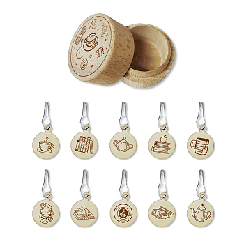 20Pcs 10 Style Round Wood Locking Stitch Markers, with Gourd Safety Pins & 2Pcs Storage Box, Book, Box: 5.5cm, Marker: 20mm