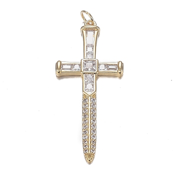 Brass Micro Clear Cubic Zirconia Pendants, Long-Lasting Plated, Sword, Real 18K Gold Plated, 43x18x3.5mm, Hole: 3.5mm