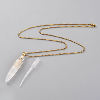 Natural Quartz Crystal Openable Perfume Bottle Pendant Necklaces, with 304 Stainless Steel Box Chains and Plastic Dropper, Bullet, Golden, 27.75 inch(70.5cm), Bottle Capacity: 2~3ml(0.06~0.1 fl. oz)