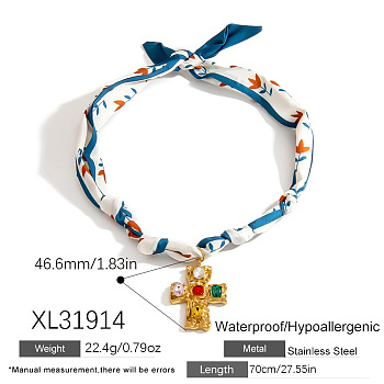 304 Stainless Steel Colorful Rhinestone Pendant Printed Scarf Necklaces, Golden, Cross, 27.56 inch(70cm), pendant: 46.6mm