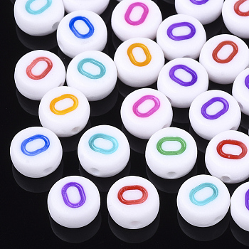 Initial Acrylic Beads, Horizontal Hole, Flat Round, Mixed Color, Letter.O, 7x3.5~4mm, Hole: 1.2mm