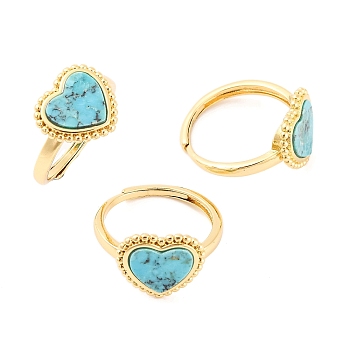 Heart Natural Turquoise Adjustable Rings, Brass Ring for Women, Long-Lasting Plated, Lead Free & Cadmium Free, Golden, Inner Diameter: 18mm