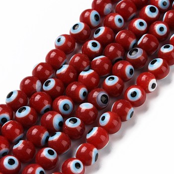 Handmade Evil Eye Lampwork Round Bead Strands, Red, 8mm, Hole: 1mm, about 49pcs/strand, 14.17 inch
