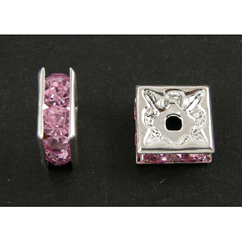 Brass Rhinestone Spacer Beads, Square, Nickel Free, Pink, Silver Color Plated, 6mmx6mmx3mm, hole: 1mm