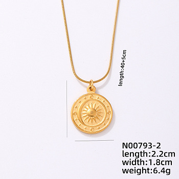 Vintage Stainless Steel Round Snake Chain Flat Round Pendant Necklaces, Religion Sun Pendant Necklaces, Golden, 15.75 inch(40cm)