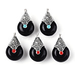 Tibetan Style Resin Pendants, with Alloy & Enamel, Teardrop, Antique Silver, Black, 26.5~28x16x13~14mm, Hole: 2.5mm(RESI-T022-16K)