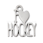 304 Stainless Steel Pendants, I Love Hockey Charm, Lead Free & Cadmium Free & Nickel Free, Stainless Steel Color, 22.5x19.5x1mm, Hole: 2.5mm(STAS-H247-09P)