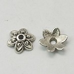 Tibetan Style Bead Caps, Lead Free and Cadmium Free, Flower, Silver Color Plated, 9x3mm, Hole: 1mm(K08V9021)