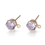 Brass Stud Earring Findings, with 316 Surgical Stainless Steel Pin, Cubic Zirconia and Loop, Long-Lasting Plated, Flat Round, Real 14K Gold Plated, Lilac, 8x6x5.5mm, Hole: 1mm, Pin: 0.7mm(X-KK-L199-B03-G)