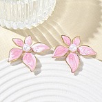 304 Stainless Steel Enamel & ABS Plastic Pearl Stud Earrings for Women, Flower, PVD Vacuum Plating, Golden, Hot Pink, 28x29mm(SA-CBA2696-28G-01)