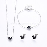 304 Stainless Steel Jewelry Sets, Pendant Necklaces & Stud Earrings & Bracelets, with Enamel, Heart, Stainless Steel Color, 16.93 inch(43cm), 7-1/8 inch(18cm), 9x10x2mm, Pin: 0.8mm(SJEW-H129-22P)