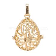 Rack Plating Brass Cage Pendants, For Chime Ball Pendant Necklaces Making, Hollow Teardrop with Flower, Light Gold, 34x27x22mm, Hole: 3mm, inner measure: 27x19mm(KK-S751-002KC)