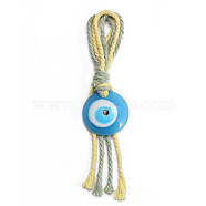 Flat Round with Evil Eye Resin Pendant Decorations, Cotton Cord Braided Tassel Hanging Ornament, Light Sky Blue, 133mm(EVIL-PW0002-12D-02)