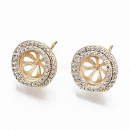 Brass Micro Pave Clear Cubic Zirconia Stud Earring Findings, for Half Drilled Bead, Nickel Free, Flat Round, Real 18K Gold Plated, 12.5mm, Pin: 0.7mm, Pin: 0.7mm(for Half Drilled Bead)(KK-T062-55G-NF)