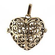 Rack Plating Brass Cage Pendants, For Chime Ball Pendant Necklaces Making, Hollow Heart, Antique Bronze, 30x34x18mm, Hole: 3.5x7mm, inner measure: 22x25mm(KK-Q402-15AB)