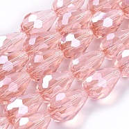 Electroplate Glass Beads Strands, Pearl Luster Plated, Faceted, Drop, Light Salmon, 15x10mm, Hole: 1.5mm, about 44~48pcs/strand, 25.20~28.35 inch(EGLA-R008-15x10mm-7)