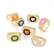 Alloy Enamel Wide Band Rings, Cadmium Free & Lead Free, Light Gold, Flower with Smiling Face, Mixed Color, US Size 7 3/4(17.9mm)(RJEW-N034-004-RS)