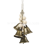 Iron Bell Wind Chimes, Witch Bells for Door Knob, Wood Beads & Alloy Charms and Cotton Cord Home Hanging Ornaments, Key, 250mm, bell: 36x38mm, key: 46x15x2mm(HJEW-JM01954-01)