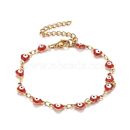 Enamel Heart with Evil Eye Link Chains Bracelet, PVD Vacuum Plating 304 Stainless Steel Jewelry for Women, Golden, Red, 6-7/8 inch(17.5cm)(BJEW-P271-07G-01)