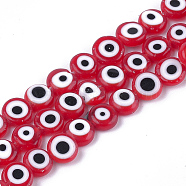 Handmade Evil Eye Lampwork Beads Strands, Flat Round, Red, 7.5~8x3~4mm, Hole: 1mm, about 48pcs/strand, 13.7 inch~14.9 inch(LAMP-S191-01B-02)