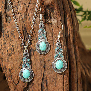 Bohemian Style Alloy & Synthetic Turquoise Pendant Necklaces & Dangle Earrings Sets, Antique Silver, Teardrop, 55x15mm(WG2E1B4-06)