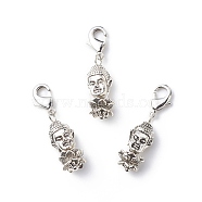 Alloy Buddha's Head & Lotus Pendant Decorations, Lobster Clasp Charms, Clip-on Charms, for Keychain, Purse, Backpack Ornament, Stitch Marker, Antique Silver & Platinum, 31mm(HJEW-JM00764)