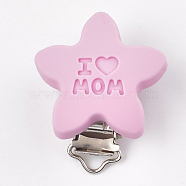 Mother's Day Theme, Food Grade Eco-Friendly Silicone Baby Pacifier Holder Clips, with 304 Stainless Steel Clips, Star with Word I Love Mom, Stainless Steel Color, Pearl Pink, 46x39x19mm, Hole: 4x14mm(SIL-T050-02B)