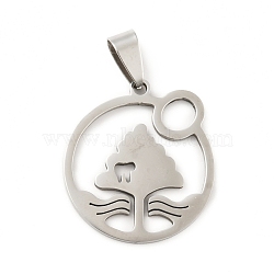 201 Stainless Steel Pendants, Ring with Tree, Stainless Steel Color, 27.5x25x1.5mm, Hole: 8x4mm(STAS-D190-10P)