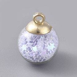 Glass Ball Pendants, with Star Glitter Sequins and Golden Plated CCB Plastic Cup Peg Bails, Round, Lavender, 20.5x15mm, Hole: 2.5mm(GLAA-WH0015-26A)