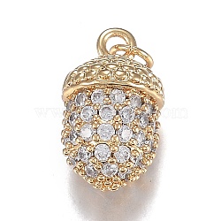 Autumn Theme Brass Micro Clear Cubic Zirconia Pendants, Long-Lasting Plated, Acorn Shape, Real 18K Gold Plated, 15.5x9mm, Hole: 3mm(ZIRC-F120-081G)